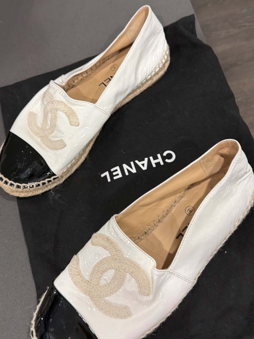 CHANEL White Espadrille Flats with Black Patent Toe